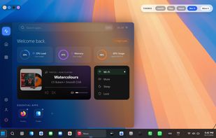 Windows-style taskbar for macOS with Start menu, search, quick settings, calendar, tray overflow, and live previews.
