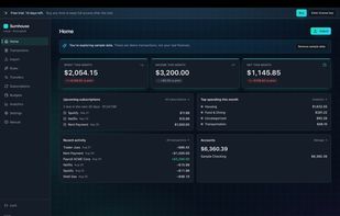 Home screen: this month's spending, income and net, upcoming subscriptions and account balances. Sample data.