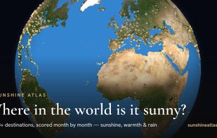 The interactive globe: 3,800+ destinations painted by sunshine, warmth, cold or rainfall for any month.