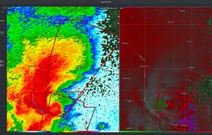 Supercell Wx on Linux showing a hook echo via BR and BV on 05-12-2023