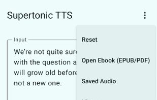 Screenshot TTS app displaying text in English with a context menu open.

Context menu:
Available options: Reset, Open Ebook (EPUB/PDF), Saved Audio, History, Queue, Lexicon, Synthesize (selected).

Button at the bottom with : Microphone icon with the text ‘Synthesise’.