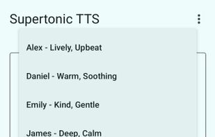 Screenshot of the Supertonic TTS app displaying text in English with a context menu open.

A drop-down menu for voice style (calm, professional, confidential, friendly, refined, authoritative, warm or soothing).

Below that, there is a Material Design 3 slider for reading speed and another for quality, shown in ‘steps’.