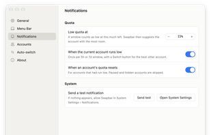 Notification settings: set the low-quota level, get a heads-up before you hit a limit, and another when a depleted account's quota resets.
