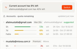 When the current account runs low, Swapbar suggests the account with the most quota left and switches with one click. Usage shows cost per account and per model.
