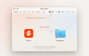 Install by dragging Swapbar to Applications. It has no Dock icon and lives in the menu bar, showing the current account's quota.
