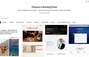 Template picker with portfolio, restaurant, services and SaaS templates