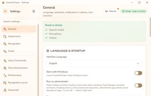 Windows: everything dictation needs is ready — model, microphone, hotkey.