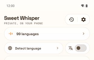 Android: the main screen — pick a language, hold the orb, speak.