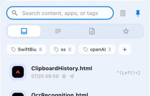 Search clipboard history and paste text, images, files or links into the current app; extend workflows with plugins.