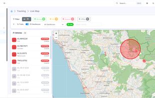 The Live Map Dashboard visualizes real-time fleet movement across regions. Vehicles are displayed with status filters—running, idle, stopped, or offline—alongside a dynamic map view. Red markers and highlighted zones indicate alerts or geofenced areas, enabling instant situational awareness and efficient fleet monitoring.