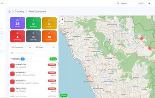 The Fleet Dashboard displays real-time vehicle tracking with operational status indicators—online, working, idle, offline, GPS off, and alerts. A live map shows vehicle positions across regions, while the left panel lists each vehicle’s ID and status, enabling instant visibility and control of fleet activity.