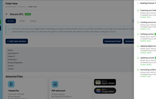 Live sealing process timeline showing every step of digital document sealing — secure archiving, verification, digital seal, and certificate generation.