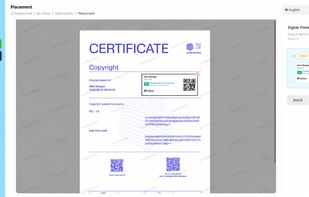 SealMyIdea's certificate placement screen — drag a signer panel onto your document and apply a Swiss Trust Layer copyright certificate with ZertES or eIDAS Qualified Electronic Signature (QES) verification.