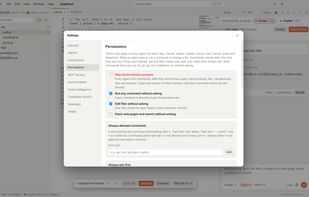 One set of permission rules for every agent: commands to always allow, always block or always ask about, set once in Settings.
