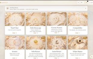 Astrology section with natal charts, daily horoscopes, transits, compatibility and return charts.
