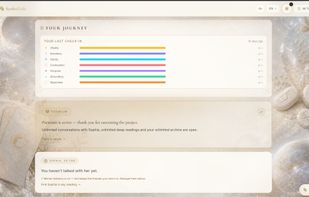 Personal journey dashboard with daily check-ins, saved history and personalized insights.