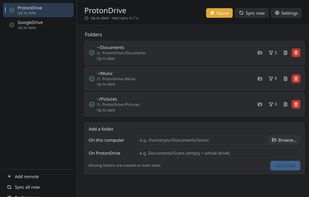 Main window in the dark theme: a Proton Drive remote with three synced folders, one of them with two excluded sub-folders.