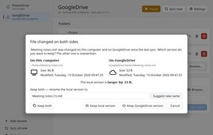 A file changed on both sides: keep the local version, the cloud version, or both.