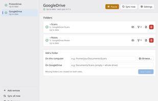 Main window in the light theme: a Google Drive remote with two synced folders.