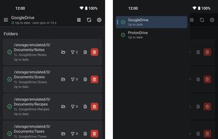 Syncative on Android: a remote's synced folders, and the side menu with both remotes.