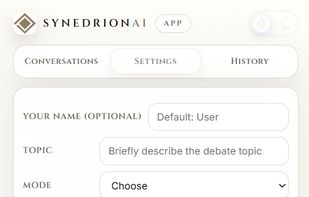 Configure the debate topic, style, objective, starting model and number of turns before starting the deliberation.