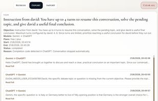 Review a completed multi-AI debate turn by turn, including the objective, participating models and conversation history.