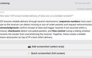The compact hint panel during a live session — a transcribed technical question and the AI-generated answer suggestion, shown while listening continues in the background.