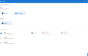 Workload & Filter Setup: The initial dashboard allows you to select the Source (Exchange) and Destination (Notes). Here, you can choose specific data workloads (Emails, Contacts, Calendars) to migrate and apply a Date Filter to only transfer data within a specific timeline.