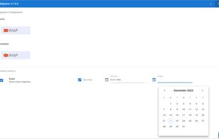 Migration Setup & Filtering: The main dashboard allows you to select workloads (Emails) and apply granular Date Filters to migrate only specific data ranges.Migration Setup & Filtering: The main dashboard allows you to select workloads (Emails) and apply granular Date Filters to migrate only specific data ranges.