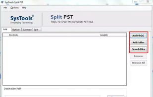 Initial Screen of SysTools Split PST software. Add a PST file to start the file splitting process.