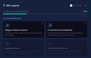 Unlock achievements as you learn — badges for tables, constraints, views, indexes, queries and more.
