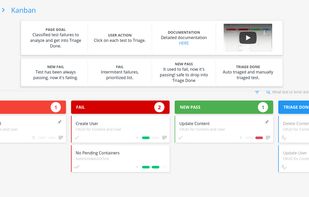 Kanban
·  Failed automated tests are properly classified to quickly distinguish between product bugs and false positives.
·  Workflow to analize the transition of tests.
·  Smart triage: more than 60 rules infer if your automated tests should automatically be classified as Done.