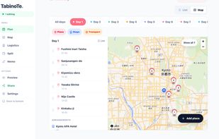 Interactive day map and day-by-day itinerary editor