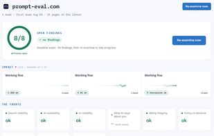 The site exam scores your health across every front (search visibility, AI readability, dead links, pricing vs terms, page contradictions, missing states) and surfaces open findings, what AI says about you, and trend over time. Green means the front is clear, and each finding links to its proof.