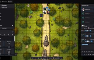 Scene view with initiative, chat and dice and character sheet viewer