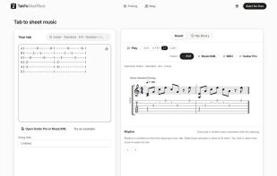 Convert text tablature into standard notation and review rhythm in the browser.