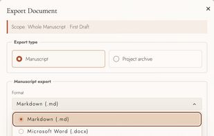 Bring your manuscript. Take it anywhere.
Start with writing you already have, then export it for editors, readers, or your own records. Import and export are included in the free writing app.

Import: Word (DOCX) and EPUB, plus other supported formats.
Export: PDF, EPUB, DOCX, HTML, Markdown, and plain text.