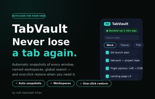 TabVault start screen — session stats, quick actions and saved workspaces