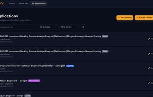 Every tailored CV, cover letter, and application detail in one place. Pick up exactly where you left off and manage every stage of your job search without switching tools.