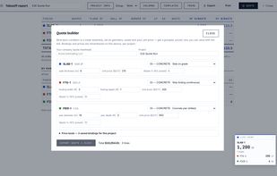 The quote builder: each condition is bound to a trade assembly (slab on grade, strip footing, drilled pier) that converts the measured quantity into the unit the trade is priced in, then your unit prices and waste build the bid total. Exports a grouped .xlsx with a Basis tab.