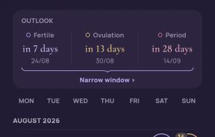 Calendar with your entries, your period and what is ahead.
