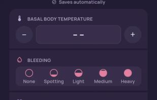 One day, one entry: temperature, bleeding, mucus and symptoms.