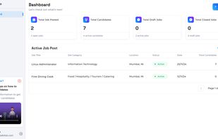 Highlights the Talentino.ai dashboard in detail. It shows metrics such as total job postings, active candidates, and draft/closed jobs. Below, there's a list of active job posts with their job titles, categories, locations, statuses, and candidate counts.