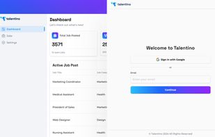 Displays the Talentino.ai dashboard and login screen. The dashboard features an overview of job statistics, including total jobs posted, active job posts, and their categories. The login screen provides options to sign in with Google or email.