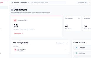 Performance dashboard — overdue goals, active goals, headcount and pending approvals for the whole organization at a glance.