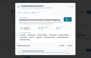 AI-generated review questionnaire: 12 tailored questions across 4 sections, created from a one-line prompt in seconds.