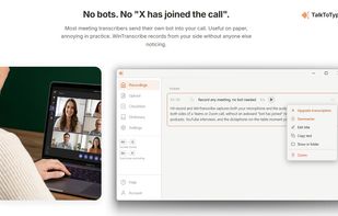 
Record a meeting, no bot needed
TalkToType grabs both your microphone and the audio coming from your speakers, without an awkward "bot has joined" notification.  any platform, even YouTube. The transcript scrolls live, when you stop you have an MP3 and a clean text file.
