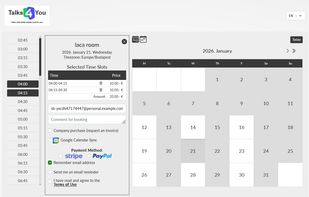 The Talks4You booking interface offers a seamless, professional experience for clients. It features automated time-zone detection, synchronized Google Calendar slots, and integrated secure payments via Stripe or PayPal. Clients can book and pay in seconds without creating an account. The process is entirely browser-based, ensuring a high conversion rate for consultants and service providers.