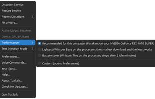 Tray menu with the Performance presets