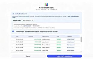 Smart CSV import workflow with AI transaction parsing & date validation preview